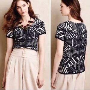 Anthropologie Moth Geometric‎ Print Knit Short Sleeve Top M Black White Boho